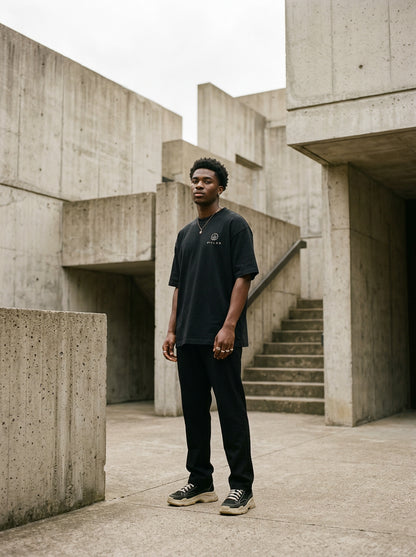 Model wearing the black PILLAR Forged Foundation Tee