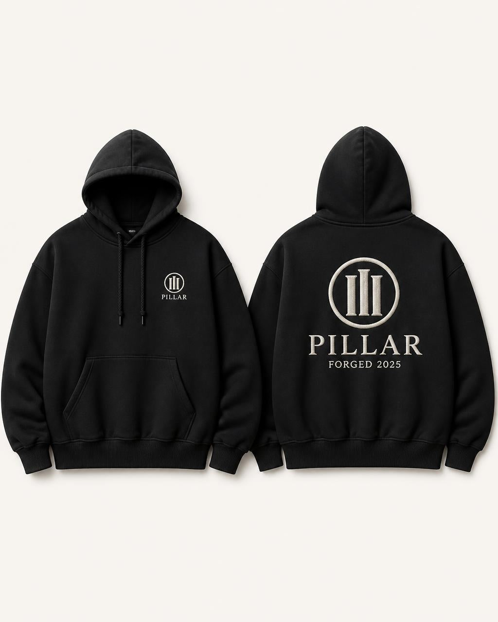 PILLAR Forged Hoodie in black, front and back