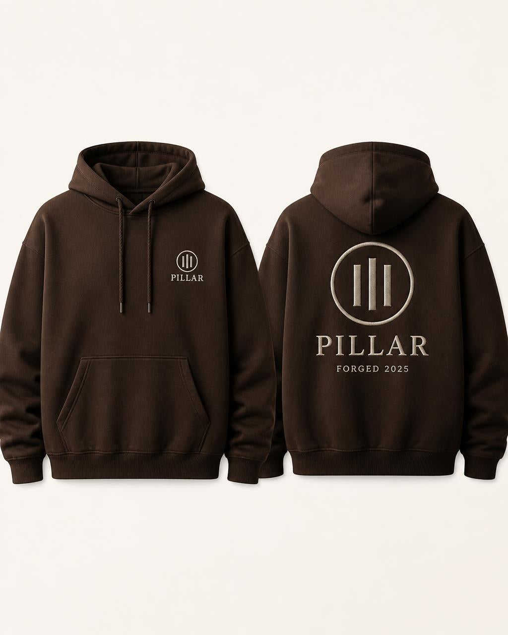 PILLAR Forged Hoodie in brown, front and back