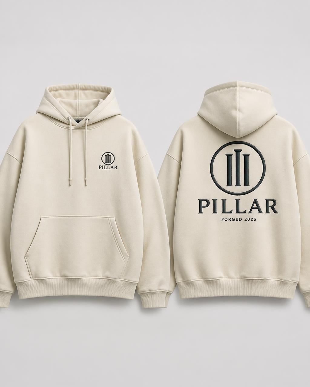 PILLAR Forged Hoodie in off white, front and back