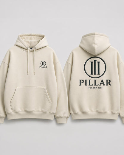 PILLAR Forged Hoodie in off white, front and back